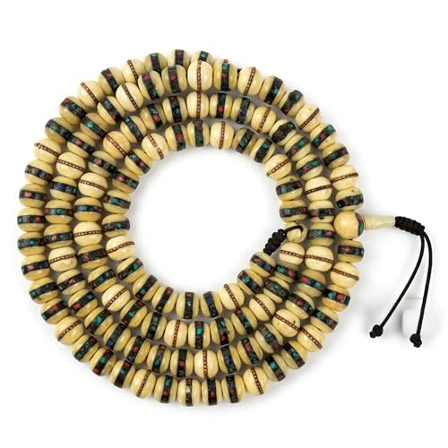 Agan Traders 108 Mala Prayer Beads Necklace for Men & Women – Tibetan Buddhist Prayer Beads Wrist Mala - Handmade Yak Bone Japa Mala Beads for Meditation, Yoga & Healing - color: BN Beige - 10 mm