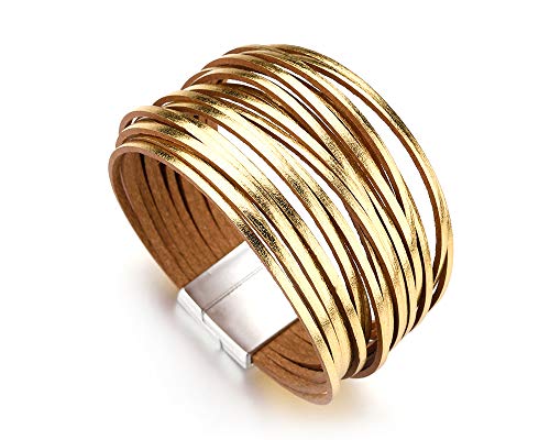 Fesciory Leather Wrap Bracelets for Women, Boho Leopard Multi-Layer Crystal Beads Cuff Bracelet Jewelry - color: B14:Short Gold1