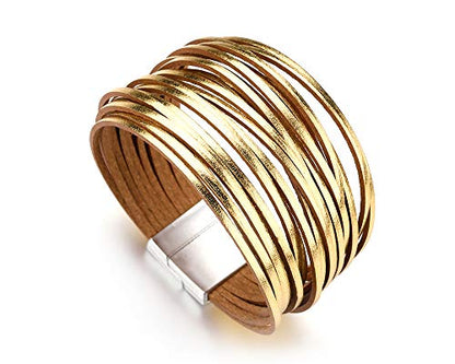 Fesciory Leather Wrap Bracelets for Women, Boho Leopard Multi-Layer Crystal Beads Cuff Bracelet Jewelry - color: B14:Short Gold1