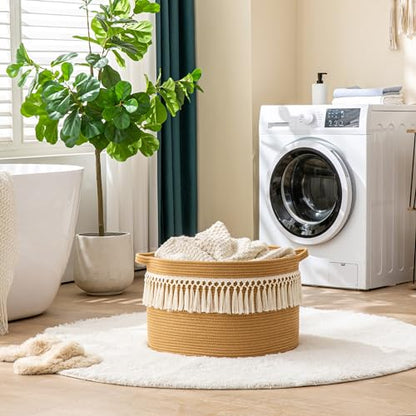 KAKAMAY Large Blanket Basket (20"x13"),Woven Baskets for storage Baby Laundry Hamper, Cotton Rope Blanket Basket for Living Room, Laundry, Nursery, Pillows, Baby Toy chest (Brown Fringe) - color: Brown Fringe