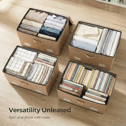 Storage Bins with Lids [3-Pack] Jute Fabric Foldable Storage Boxes Organizer Containers Baskets Cube with Cover for Home Bedroom Closet Office Nursery khaki（23.4X15.9X11.5