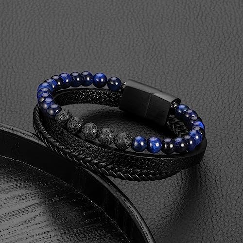 Leather Bead Bracelets for Men, Natural Tiger Eye Lava Rock Stone Bead Magnetic Clasp Adjustable Leather Bracelets Stress Relief Mens Anxiety Bracelet Mens Jewelry Gifts - style: Black Leather-Blue Tiger Eye&Lava Rock