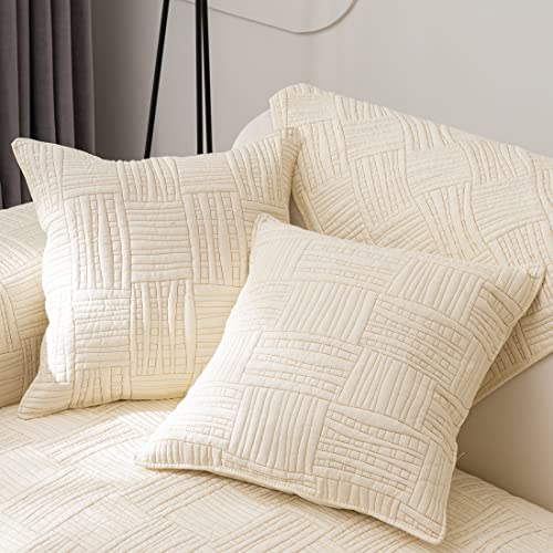 Farmhouse Neutral Embroidered Throw Pillow Cover Set of 2 Cotton Quilted Decorative Square Cushion Covers Pillowcase for Sofa Couch Bed Chair (Ivory B,18"x18") - color: Ivory B, size: 18"x18"/Square