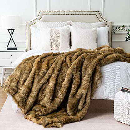 BATTILO HOME Golden Faux Fur Throw Blanket for Couch Sofa, Long Pile Fur Blankets and Throws, Elegant, Fluffy Thick Warm Heavyweight Fur Blanket Reversible to Plush Velvet, 50"x60" - color: Ochre, size: 50"x60"