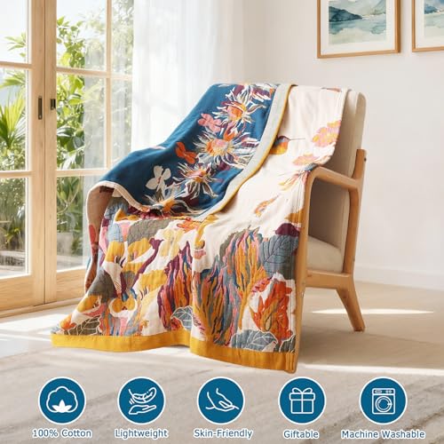 Boho Throw Blanket - 100% Cotton Soft Throw Blanket for Bed, 90"x90" Reversible Breathable Lightweight Summer Blankets, All Seasons Farmhouse Decor Floral Plant Butterfly Throw Quilt