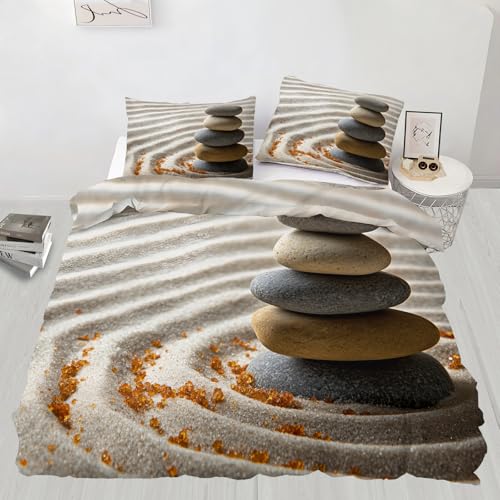 Zen-Inspired Stones Duvet Cover Set King Size,Beach Bedding Set Zen Comforter Cover 3Pcs,Kids Teens Couple Adults Room Decor, Bedspreads Cover,2 Pillowcases(NO Comforter)