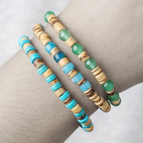 Puka Shell Bracelet for Men Wooden Bracelets Turquoise Stack Beaded Minimalist Trendy Jewelry for Friend Gift - style: 3pcs-Turquoise