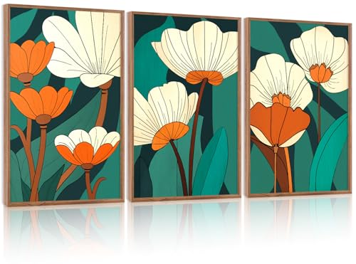 CHDITB Modern Floral Framed Canvas Wall Art Set, Nature Flowers Wall Decor, Abstract Orange Flower Artwork, Wildflowers Picture, Vintage Green Art Prints for Living Room, Bedroom, Office 16"x24"x3 - color: Floral B, size: 16"L x 24"W