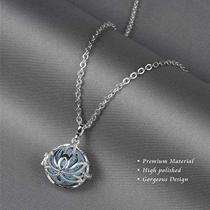 INFUSEU Essential Oil Necklace Lotus Flower Aromatherapy Pendant Scent Diffuser Anxiety Jewelry Spiritual Meditation Gifts Stash Lava Rock Stone Holder Cage