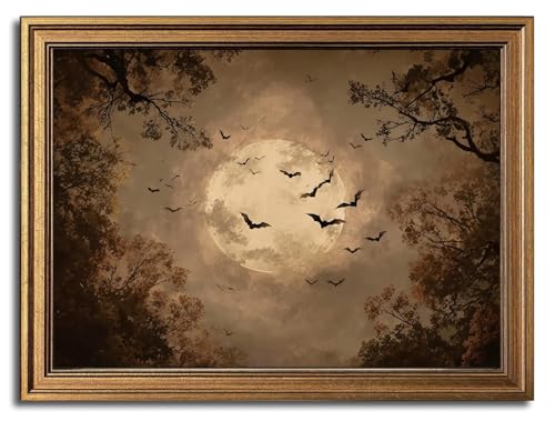 Gold Framed Wall Art Dark Academia Canvas Art Prints Gothic Wall Decor Moody Pictures Halloween Painting Vintage Moon Bat Artwork for Living Room Bedroom Bathroom 16x24in - color: Dark Academia Decor, size: 16x24in Gold Framed