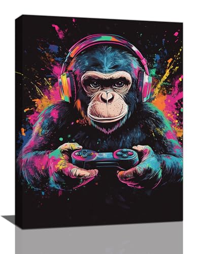 Olivine Gorilla Wall Art, Banksy Pictures Wall Decor, Graffiti Monkey Painting, Colorful Video Game Canvas Prints, Framed Artwork for Bathroom Bedroom Living Room Gamer Room Office Home 16"x12" - color: Video Game Gorilla, size: 16"L x 12"W