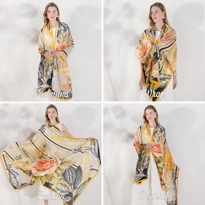 100% Mulberry Extra Large Silk Pashmina Scarf Shawls And Wraps For Women Evening Dress Summer Travel Floral Blanket - color: 91 Yellow