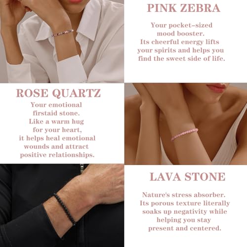 4mm 6mm 8mm Healing Crystal Bracelets for Women Men Natural Stone Beaded Stretch Bracelet Handmade Gemstone Reiki Spiritual Jewelry Gifts - color: Rose Quartz+Lava+Pink Zebra-Stress Relief, size: 4mm