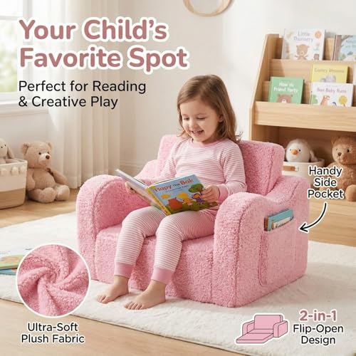 MOMCAYWEX Kids Sofa, 2-in-1 Flip-Out Foam Couch with Soft Sherpa Cover, Cozy Play Lounge Chair, Pink - color: Pink, size: Medium
