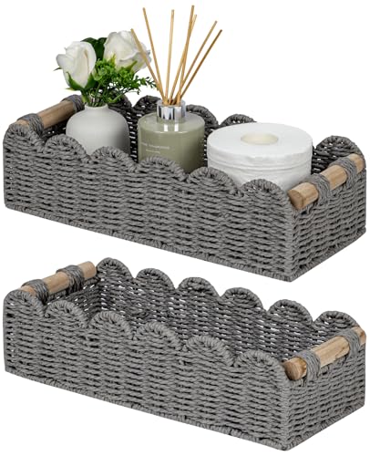 CubesLand Bathroom Basket Organizer, Toilet Tank Paper Storage Baskets 2-Pack, Scalloped Decorative Basket for Countertop w/Handle, Wicker Basket for Bathroom Decor, Home Decor, Living Room, Grey - color: Grey