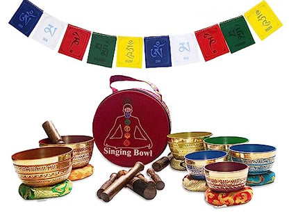 Khusi Tibetan Singing Bowl Set of 7, Handmade, 7 Colors, Chakra Healing, Relaxation, Stress Relief, Comes with Silk Cushions, 4 Sticks and Brocade Box