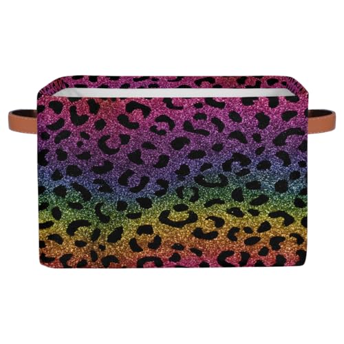 Pardick Storage Baskets Bin, Rainbow Leopard Print Collapsible Canvas Fabric Storage Bin Decorative Baskets Toy Organizer Rectangle Storage Boxes with handles for Home Shelves Nursery,1Pack,C-01 - color: A-32