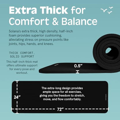 Retrospec Solana Yoga Mat Thick 1/2in Non-Slip Workout Mat with Nylon Strap - 72x24in Exercise Mat for Pilates, Stretching & Fitness - BPA Free, Easy Clean - color: Black