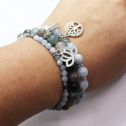 Tree of Life Yoga Healing Stone Bracelets,Multilayer Lotus Chakra Stone Reiki Bracelet Sets,Anxiety Crystal Natural Stone,for Women Stress Relief - style: Aquamarine + Indian Agate