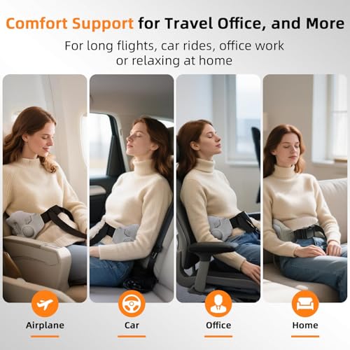 Inflatable Back Support Pillow for Travel – Foldable Travel Back Pillow for Airplane, Office, Car, Home – Adjustable Belt & Hand-Press Inflation, Compact & Lightweight