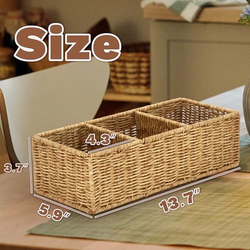myHomeBody Wicker Basket With 3 Compartments, For Toilet Tank Paper Rolls, Hand Woven Bathroom Countertop Organizer, Bedroom Organization, 1pc, Tan - color: Tan