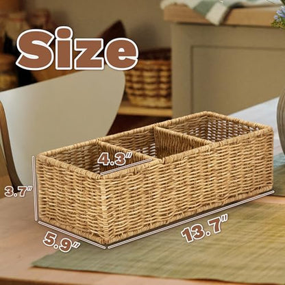 myHomeBody Wicker Basket With 3 Compartments, For Toilet Tank Paper Rolls, Hand Woven Bathroom Countertop Organizer, Bedroom Organization, 1pc, Tan - color: Tan