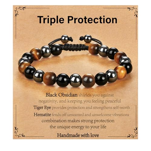 Gnamy Crystal Bracelet Gifts for Men Him- Triple Protection Hematite Black Obsidian Tiger Eye Gemstone Beaded Bracelets Birthday Healing Jewelry Gifts - style: Style 1