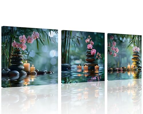 TutuBeer 3 Panels Zen Canvas Wall Art Zen Art Green Bamboo Candle Orchid in Water Pictures Spa Artwork for Bathroom Spa Pictures for Home Decor Wall Decoration Ready to Hang Each Panel 14x14inch - color: Pink Zen 4, size: 14x14inchx3