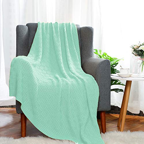 uxcell 100% Cotton Cable Knit Throw Blanket,Soft Lightweight Lap Blanket,Textured Solid Sofa Throw Couch Cover Decors Knitted Blankets, Light Green 50"x 60" - color: Light Green