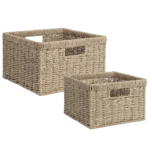 StorageWorks Wicker Storage Baskets, Handwoven Seagrass Basket for Organizing, Decorative Wicker Baskets with Built-in Handles, Set of 2 - color: Natural (Seagrass), size: 11½"L x 11½"W x 7"H + 9¾"L x 9¾"W x 6½"H