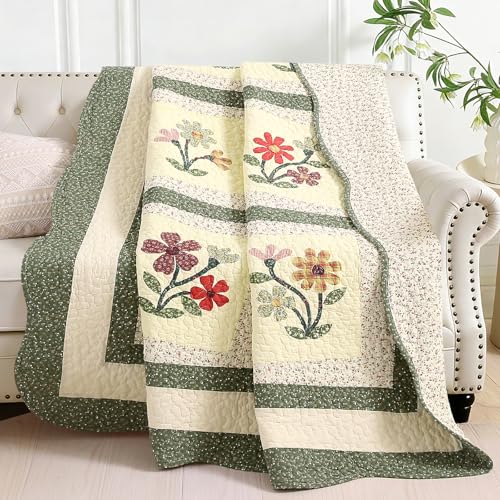 vctops 100% Cotton Quilted Throw Blanket 50x60 Inch Floral Embroidered Reversible Patchwork All Season Throw (Green A,50"x60") - color: Green a