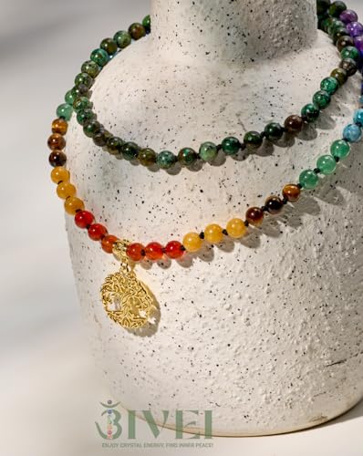 Bivei 108 Mala Beads Necklace Life Tree 7 Chakra Wrap Bracelet Real Healing Gemstone Yoga Meditation Hand Knotted Mala Prayer Bead Necklace - color: 7 Chakras Stone, size: 6mm