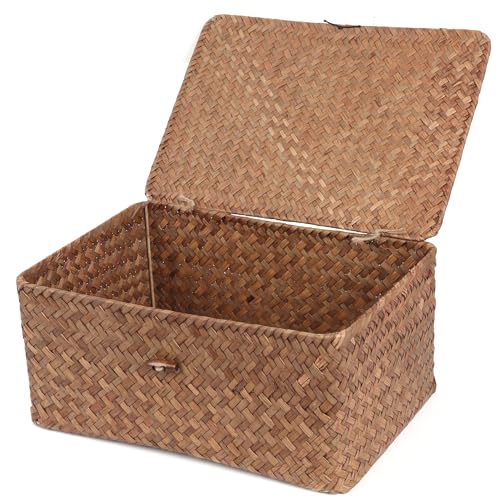 FEIALNDUO Wicker Shelf Baskets with Lid,Seagrass Storage Basket Bins Rectangular Handwoven Basket Boxes for Shelves Desktop Home Organizer (Coffee, Large) - color: Coffee, size: Large