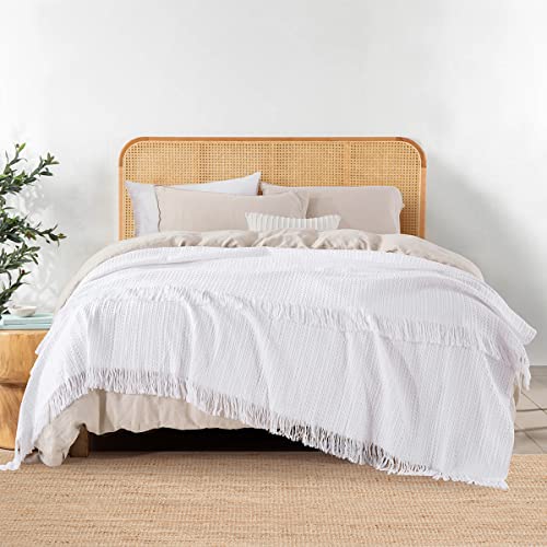 100% Cotton Waffle King Blanket with Fringe 104"x90", Pre-Washed Waffle Weave Blanket for All Season, Lightweight Breathable Soft Cozy Throw Blanket for Couch, Bed, Travel (White) - color: White, size: King-104'' x 90''