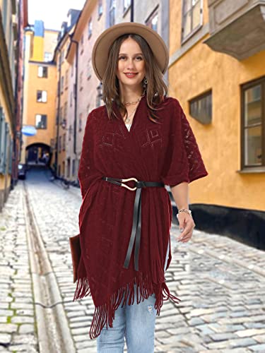 Soul Young Knit Shawl Wrap for Women Ladies Fringe Poncho Blanket Cardigan Cape - color: Z Rhombus Burgundy