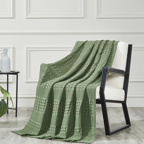 VHC Brands 100% Cotton Waffle Weave Olive Green Throw 50x60, Decorative Cotton Throw Blanket, Boho Farmhouse Bedroom, Living Room Decor for Bed, Couch, or Sofa - color: Olive Green, size: Throw (50"x60")