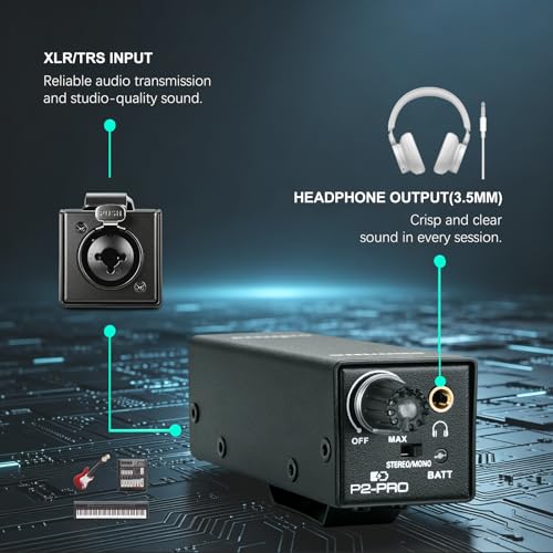 P2-Pro Portable in Ear Monitor Amplifier, Headphone Amp with XLR/TRS Inputs 3.5mm Output, Headphone Amplifier with Durable Belt Clip, Stereo/Mono Switch for Drummers, Guitar, Keyboardists - color: PRO
