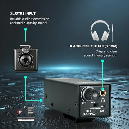 P2-Pro Portable in Ear Monitor Amplifier, Headphone Amp with XLR/TRS Inputs 3.5mm Output, Headphone Amplifier with Durable Belt Clip, Stereo/Mono Switch for Drummers, Guitar, Keyboardists - color: PRO