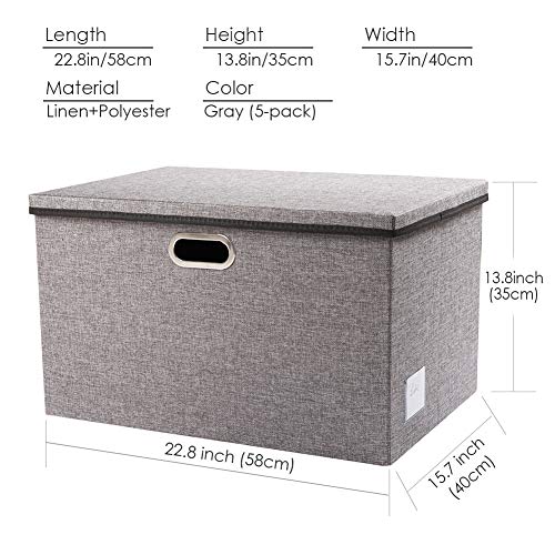 Extra Large Collapsible Storage Bins with Lids [5-Pack] Linen Fabric Foldable Storage Baskets Boxes Organizer Containers Cube with Cover for Bedroom Closet Office Nursery (22.8x15.75x13.8)