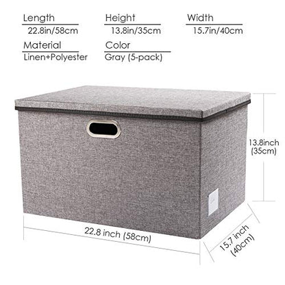 Extra Large Collapsible Storage Bins with Lids [5-Pack] Linen Fabric Foldable Storage Baskets Boxes Organizer Containers Cube with Cover for Bedroom Closet Office Nursery (22.8x15.75x13.8)