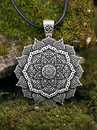 HAQUIL Mandala Flower of Life Necklace, Buddhist Lotus Flower Om Mandala Pendant, Faux Leather Cord - color: S01