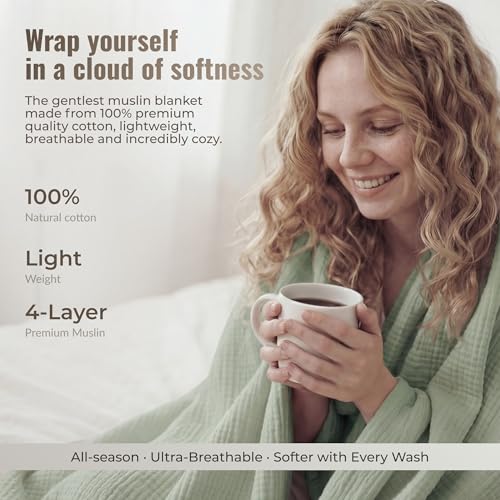 4-Layer Muslin Cotton Queen Bed Blanket (90 x 90 inches) – Ultra Soft Breathable Gauze, Lightweight All-Season Cozy Blanket, Machine Washable – Green - color: Green, size: Queen (90 x 90 inches)