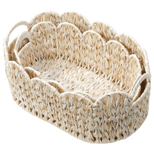 Wicker Scalloped Basket Set of 2,Woven Storage Baskets for Shelves,Closet,Laundry,Gifts,Towels,Books,Toys,Waterproof Boho Decor Basket for Organizing - color: Beige