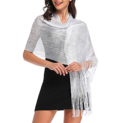 vimate Sparkling Metallic Shawls and Wraps for Evening Party/Wedding/Formal Dresses (With Free Buckle) - color: F1#. White (With Silver Buckle)