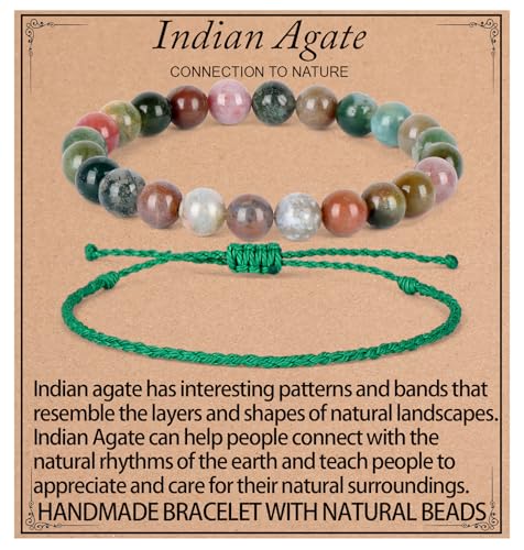 QOGIR 2pcs Handmade Healing Bracelet, Natural Gem Stone Crystal Elastic Bracelet - color: Indian Agate(Connection to Nature), size: 8mm