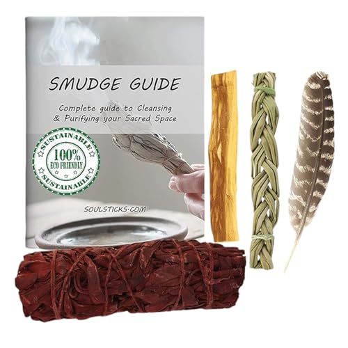 Ancient VEDA Organic Smudge Kit – Dragon's Blood, Palo Santo, Sweetgrass Braid, Feather & Smudge Guide | Home Cleansing Kit for Meditation, Yoga, Energy Healing (Starter Kit, Dragon's Blood Sage) - color: Dragons Blood Sage, size: Starter Kit