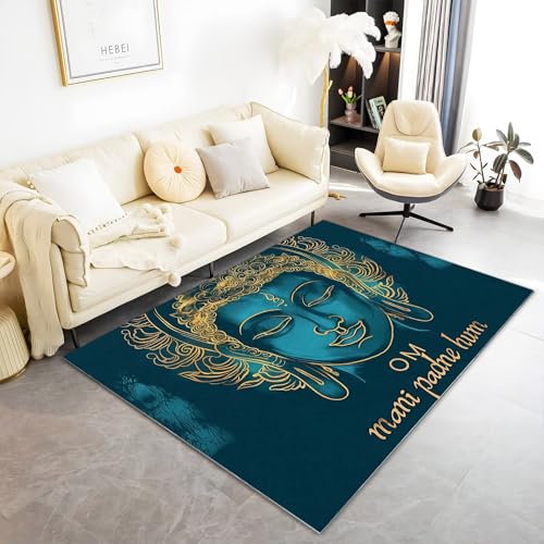 Meditation Tibetan Style Gold Blue Washable Rug 4x6 ft, Ultra Soft Large Area Rug Non Slip Rug Foldable, Blue Stain Resistant Rugs for Living Room Bedroom, Modern Low Pile Fuzzy Decor Rug - size: 4x6 ft