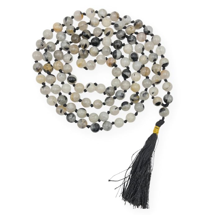 GEMSCITE Japa Mala 108 Prayer Beads Perfect for Meditation Spiritual Mala Necklace & Wrist Mala Bracelet - color: Black Rutilated Quartz, size: Hand Knotted
