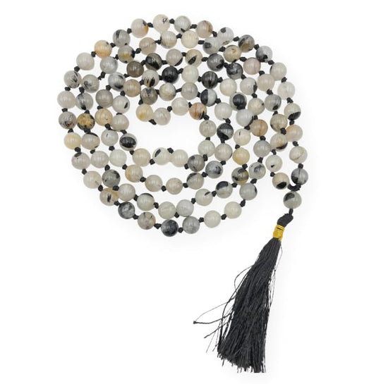 GEMSCITE Japa Mala 108 Prayer Beads Perfect for Meditation Spiritual Mala Necklace & Wrist Mala Bracelet - color: Black Rutilated Quartz, size: Hand Knotted