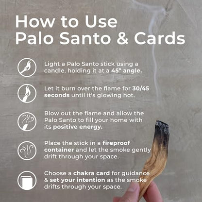 Chakra Cards and Palo Santo Gift Set Including 7 Chakra Affirmation Cards with Wooden Stand and 5 Smudge Sticks from Peru for Meditation, Yoga and Spiritual Rituals